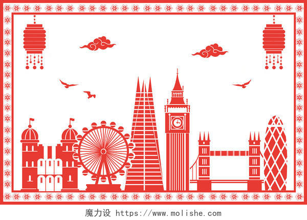 剪纸城市地标插画JPG扁平风景伦敦